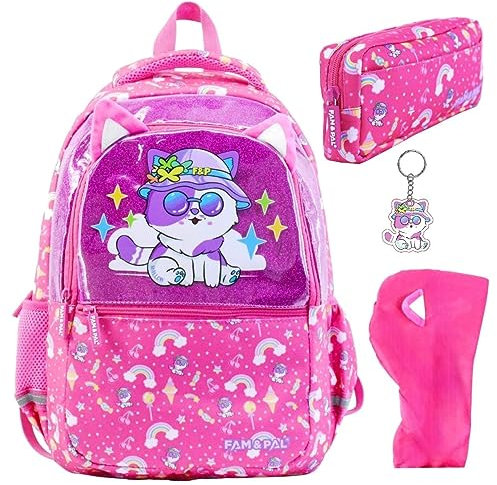 Fam and Pal I Cute Kitty Mallow Character 3D School Girls Backpack I Pink Primary School Bag for Kids with Rain cap, Stationery Pouch, Keychain & Name Tag I