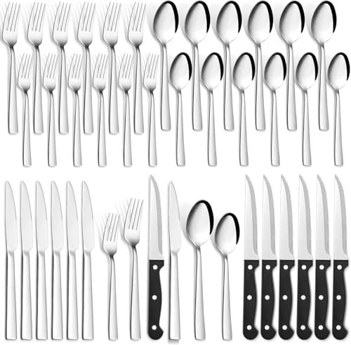 Ménagère de 6 personnes, 36 pièces en acier inoxydable avec couteau à steak, couteau de haute qualité, fourchette, cuillère pour famille/fête/hôtel, poli miroir et passe au lave-vaisselle