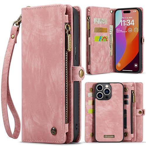 SWP Case for iPhone 15 Pro, Wallet Case w/Magnetic Detachable Cover [8 Card Slots] Clutch Wallet w/Wristlets Money Pocket for iPhone15 Pro (Pink)