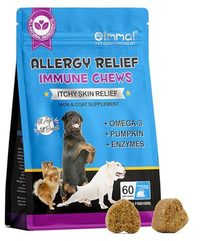 HUALIJIA Dog Allergy Relief Treats, Itch and Immunity Treats for Dogs - Soothe Itchy Skin, Paws, Eyes, Ears - Stop Itching, Licking, Scratching for All Breeds and Sizes, Peking Duck Flavor (60 Count)