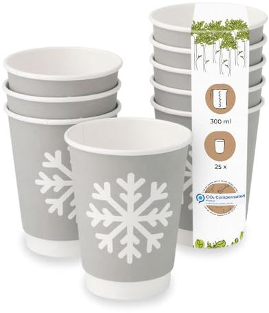 BIOZOYG 25 Stück graue doppelwandige Kaffeebecher Pappbecher Wintermotiv 'Schneeflocke' 300ml / 12 oz - umweltfreundlich recycelbar & schön bedruckt - Kaffeebecher to go