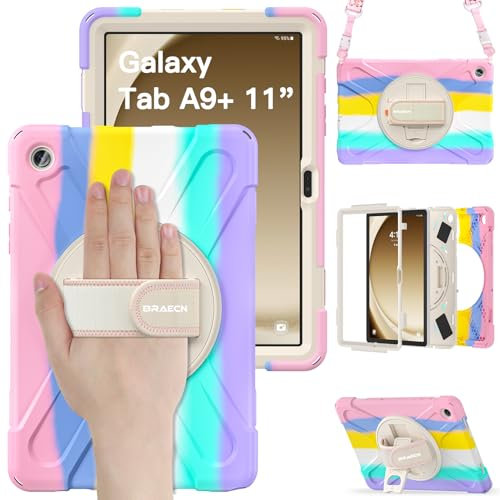 BRAECN Case for Samsung Galaxy Tab A9+ 11 Inch (SM-X210/SM-X216/SM-X218), Heavy Duty Shockproof Sturdy Cover with 360° Rotating Hand Strap & Kickstand, Shoulder Strap, Multicolor