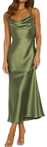 Mogidol Sommerkleid, Satin, Spaghettiträger, Wasserfallausschnitt, rückenfrei, Midi-Kleid, elegante Schnürung mit niedrigem Rücken, gerüschtes Cocktailkleid, Oliv/Blatt für mich (Leaf It to Me), Klein
