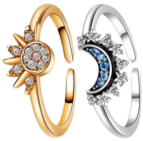 MunsKT 2PCS Adjustable Celestial Sun&Moon Ring - Sparkling Sun, Blue Moon; Daily Stress Relief, Adornment Stackable (Gold, Silver)