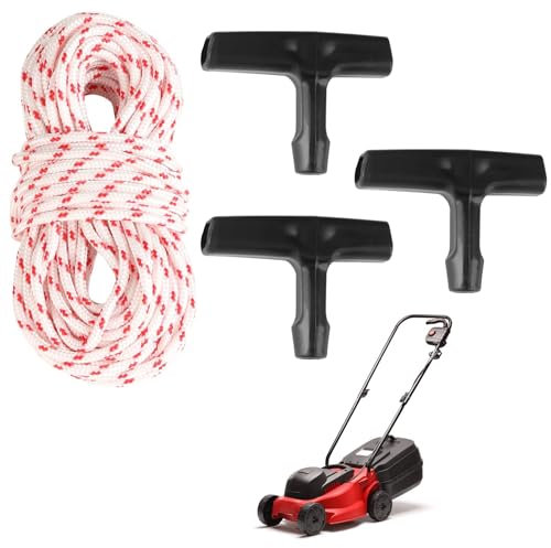 Lawnmower Pull Cord Set,10 Meters 3.0 mm Thick Pull Start Cords with 3 Start Handles,Trimmer Recoil Starter Pull Rope Replacement for Gasoline Engine Lawn Mowers Chainsaw Trimmers