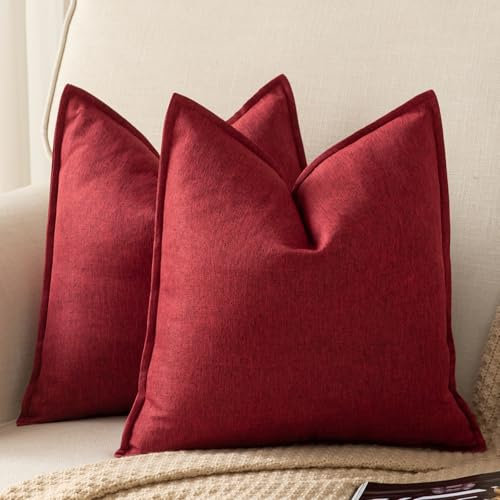 Yaertun 2er Set Leinen Reine Farbe dekorative Kissenbezug Moderne Kissenbezüge Schlafzimmer Sofa Wohnzimmer Dekokissen Bett Kissenhülle Sofakissen 45 x 45 cm Weinrot