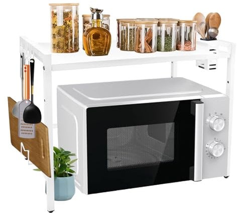 Expandable Microwave Oven Rack,2 Tier Microwave Shelf Stand Storage Holder,Adjustable Kitchen Counter Organizer Shelf Stand with 6 Hooks for Worktop Pots,Pot Pan Grill Storage Racks 40-60cm