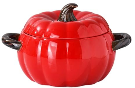 Justup Suppenschüssel mit Henkel, 1.9L Keramik kürbis Suppentopf, Keramik serviert Backschalen, kürbisbecher Behälter Mit Deckel Halloween-dekor, Stockpot Kochgeschirr für Home (Rot)