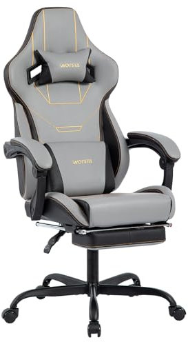 WOTSTA Gaming Stuhl Ergonomisch Gaming Chair Bürostuhl mit Fußstütze Racing Computerstuhl Höhenverstellbar Gepolstert Computerstuhl Lendenwirbelstütze Grauschwarz