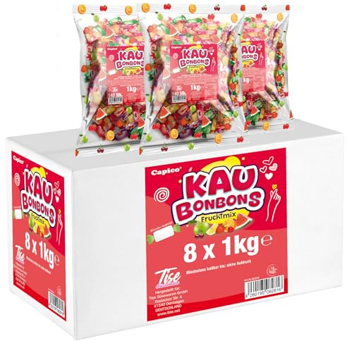 Tise Süsswaren Kaubonbons Fruchtmix 8x1Kg (8Kg) Wassermelone Kirsche Apfel Orange Himbeere Wurfmaterial Karneval Giveaway