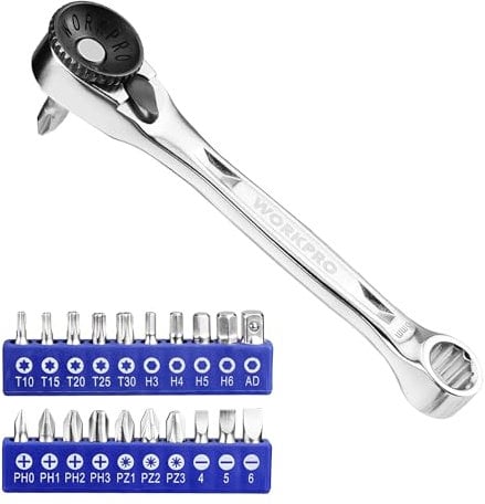 WORKPRO Set di 21 chiavi a cricchetto a doppia estremità da 1/4, include 19 punte per cacciavite e 1 adattatore, chiave a bussola a 72 denti con interruttore reversibile, ideale per spazi ristretti
