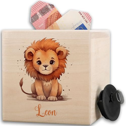 Kinder Holzspardose Löwe I Spardose Kind mit Namen Personalisiert I Geschenk Holz Spardose Niedlicher Löwe Junge I Holzsparbox Tiermotiv Für Kinder - 10x10cm - Holz - kinderspardose