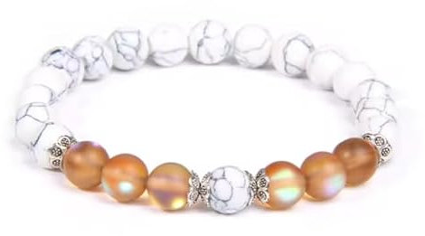 XINLIANYI 1 x Mondstein-Perlen-Armband für Damen, weißer Howlith, Achat, glänzendes Paar-Armreif, Herren-Armband, 17 cm, Edelstahl, Zirkonia