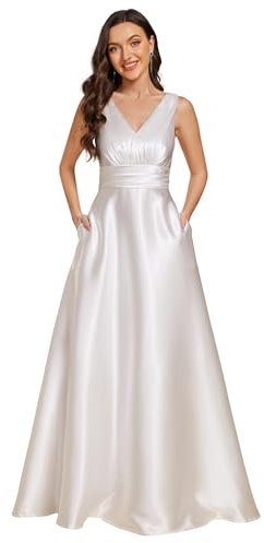 Ever-Pretty Robe de Demoiselle d'honneur Femme Satin Poches Col V Taille Empire sans Manches Blanc 56
