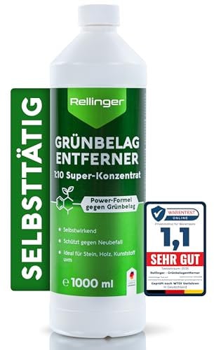 RELLINGER® Grünbelagentferner 1l [POWER-KONZENTRAT] - Fassadenreiniger Moosentferner - Effektive Grünbelag & Algen Entfernung - Hochwirksamer Langzeitschutz - für Fassade, Terrasse, Dach & Stein