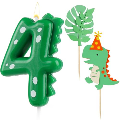 AIBAOBAO Geburtstagskerzen Zahlen 4, Kerzen Geburtstag Dinosaurier, mit 2 x Dino Tortendeko, Geburtstagskerze, Kerze Geburtstag, Kerze 4, Grün Zahlenkerzen für Torte Kinder 4 Jahre Junge Mädchen
