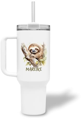 Thermobecher personalisiert „Faultier“ mit Namen - XXL Trinkbecher mit Henkel und Strohhalm 1,2 l / 40oz - personalisiertes Geschenk für Faultier-Liebhaber zum Geburtstag, Weihnachten