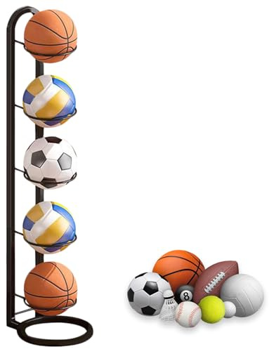 NUWIQ Metal Football Stand, 5 Tiers Ball Storage Rack, Basketball Organizer, Vertical Ball Storage Rack, for Volleyball Basketball Football Indoor Outoor