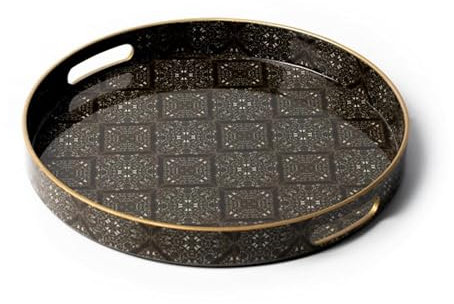 Heaven4you Round Decorative Serving Tray with Mother-of-Pearl Leaf Mosaic Design with Gold Trim | Glossy Finish Organizer or Food Tray for Coffee Table or Dining (Brown)