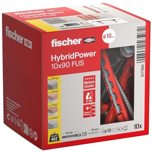 Fischer 10x HybridPower FUS, Tasselli Prolungati in Nylon e Acciaio con Vite Esagonale Flangiata e Impronta Torx, Sicuro come un Ancorante Metallico e Facile da Installare come un Tassello in Nylon