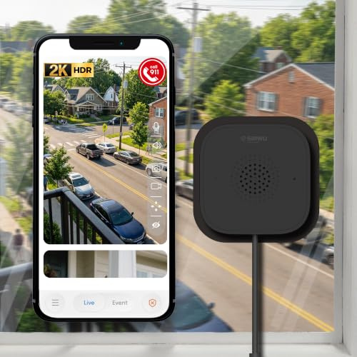 Sirwu No-Drill Window Camera, 3MP 2K Camera for Home Security, View Outside Through Glass, Color Night Vision, Motion Alerts, 24/7 Recording, Dual-Band WiFi (Black, Square)