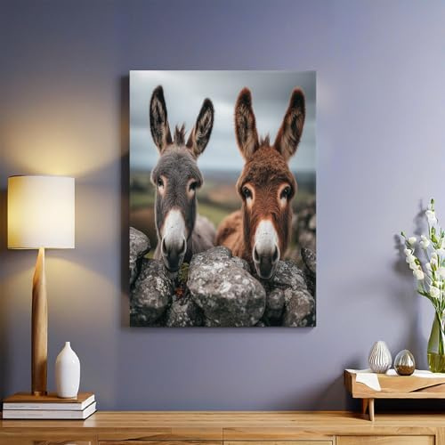 Tier Leinwandbild 30 x 20 cm Zwei süße Esel Kunstdruck Wandbild Foto Poster Bild Fertig zum Aufhängen Aesthetic Deko Flur küche Büro Villa Badezimmer