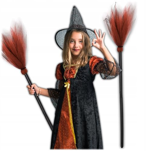 KRUMAD Hexenbesen 87 cm für Kinder und Erwachsene, Halloween Hexe Kostüm Zubehör, Witch Broom für Hexenkostüm Damen, Hexen Deko Party, Fasching Karneval, Hexenbesen Kinder (Orange)