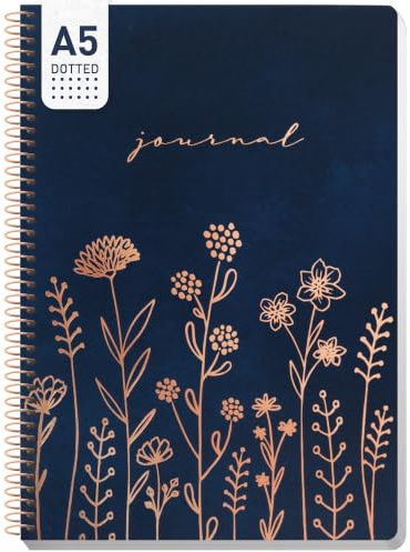 paper&you® Journal A5 dotted Spiral-Notizbuch Fine Flowers blue | 160 nummerierte Seiten mit Punktraster & 100 g/m²-Papier - hübscher Notizblock mit Spiralbindung für flaches Aufliegen