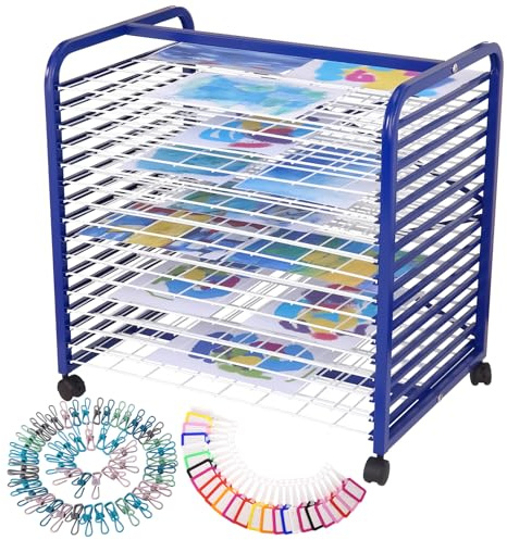 Aptliton Art Drying Rack with 4 Lockable Wheels - Metal Art Storage Rack with 16 Removable Shelves, Organizer Height 41.5 in for Studio, Artwork, Craft Room and Desktop, Black
