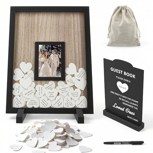 Eirolace Gästebuch Hochzeit mit 100 Holzherzen & Foto-Rahmen – Personalisierte Holz-Gästetafel zur Gästebegrüßung für Hochzeit, Baby Shower, Jubiläum (Rechteckiges)