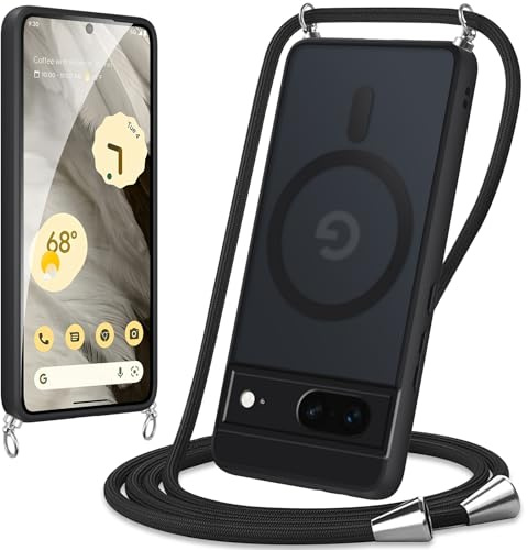 Knrlqim Coque Magnétique pour Google Pixel 7 avec Cordon de Collier,[Compatible avec MagSafe] Etui Translucide Mat Arrière Antichoc Housse Réglable Lanière Étui Portable Lanyard Case, Noir