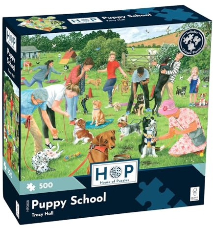 The House of Puzzles Puppy School, 500 Piece Jigsaw | Animals & Wildlife Theme, Artwork by Tracy Hall, FSC Certified Board, Sustainably Made, Deluxe Puzzle Gift for Adults & Kids