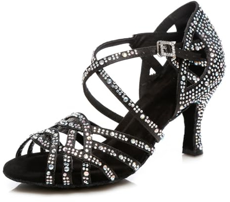 MINITOO Women's Ballroom Dance Shoes Glitter Rhinestones Salsa Latin Dancing Heels L357 Black UK 3.5