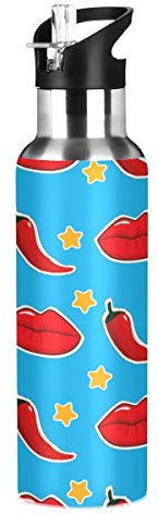 MNSRUU Chili Peppers Lippen Wasserflasche isoliert für Mädchen Jungen, Edelstahl Wasserflasche mit Strohhalm, 20 oz