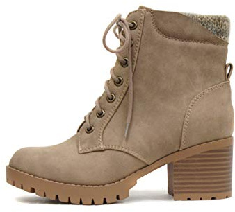 Soda Women's Casual Fashion Ankle-High Combat Bootie With Zipper and Chunky Block Heel in Light Taupe Size 8