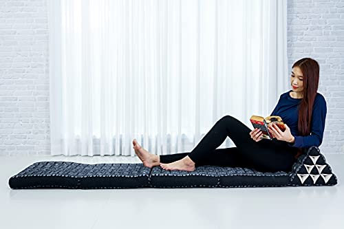 Leewadee Comfortable Japanese Floor Mattress - Thai Floor Bed With Triangle Cushion - Futon Mattress - XL Extra Long Thai Massage Mat, 225 x 50 cm, Black, Kapok Filling