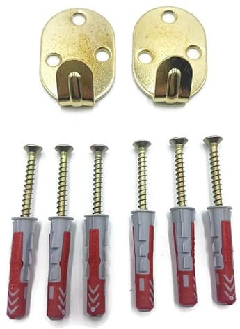 2 x Heavy Duty Wall Hooks 3 Hole Brass Plated Large Picture/Mirror - Plaster or Solid Walls - Including Screws & Wall Plugs - Hang up to 40kg