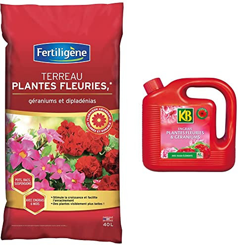 Terreau Plantes Fleuries et Géraniums et KB Engrais Geraniums et Plantes Fleuries Liquide 4L