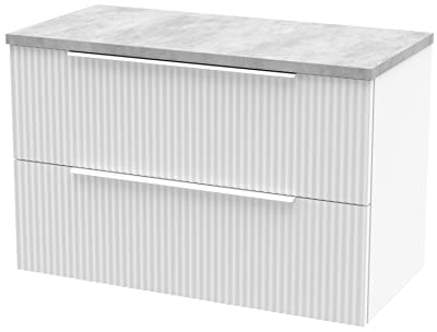 Hudson Reed DFF195LBG Fluted Modern Bathroom Wall Hung 2 Drawer Vanity Unit with Bellato Grey Laminate Worktop, 800mm, Satin White