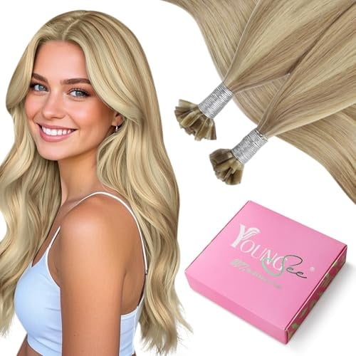 YoungSee Utip Hair Extensions Golden Blonde Highlight Medium Blonde Human Hair U Tip Extensions Blonde 20In 1G/S 40G Hair Extension Utips for Daily Wear