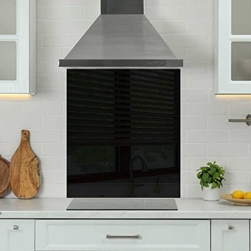 Premium 70 cm x 75 cm Black Glass 6mm Kitchen Splashback Heat Resistant Toughened Polished Edges - Back Splash Back Coloured Hob Painted Tempered Splashback