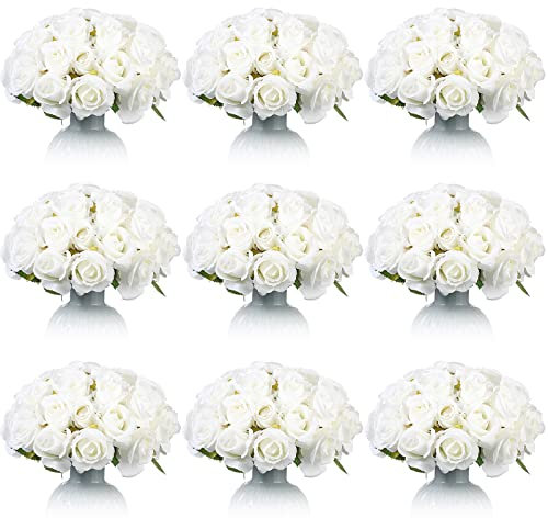 Jexine 120 Stück künstliche Rosen, Blumenstrauß, Rose, Seide, realistische Blumen, Großpackung Tafelaufsätze, DIY, Braut, künstliche Rose für Zuhause, Braut, Hochzeit, Party, Dekorationen (weiß, 10