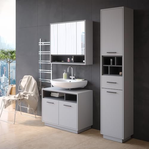 Vicco Badschrank Beatrice, Grau/Anthrazit, 38 x 190 cm mit Türen, Schubladen und Fächern