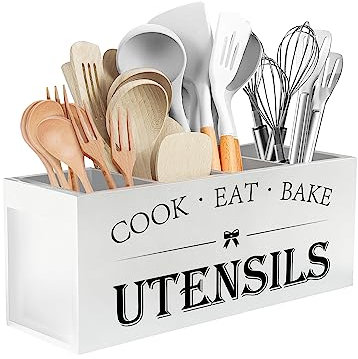 Suli Porte-ustensiles de cuisine extra large avec 4 compartiments, organisateur d'ustensiles en bois pour comptoir de cuisine, décoration de cuisine rustique, ustensiles de cuisine rustiques, blanc