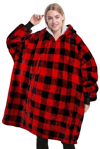 Catalonia Classy Coperta con cappuccio Sherpa scozzese rossa, felpa con cappuccio grande oversize, calda e soffice coperta in maglione con tasca frontale, regali invernali per adulti donne uomini