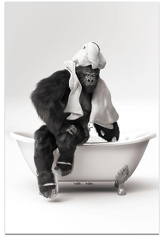 Badezimmer-Wandkunst-Dekor, schwarz-weiß, lustige Tiere, Leinwanddrucke, Bilder, Gorilla, nehmen Sie ein Bad in einer Badewanne, Poster, modernes ungerahmtes Kunstwerk für Kinderzimmer, Badezimmer,