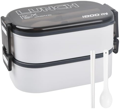 Fangehong 2 Capa Hermetica Fiambrera, Bento Lunch Box con 2 Compartimentos y Cubiertos, 1800ml Cajas de Almuerzo, Loncheras Comida Trabajo Plástico para Niños Infantil y Adultos (Blanco)