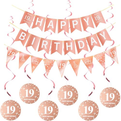 Happy 19. Geburtstag Banner + Dreiecksflaggen Girlanden + Hängedeko Spiralen Set, Rosegold Deko für Mädchen, Deckenhänger