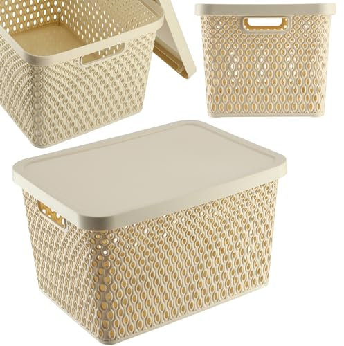 KADAX Aufbewahrungskorb, Korb mit Deckel, Aufbewahrungskiste, Aufbewahrungsbox aus Plastik, Moderner Regalkorb, Behälter mit Lüftungslöchern (18L, Beige)