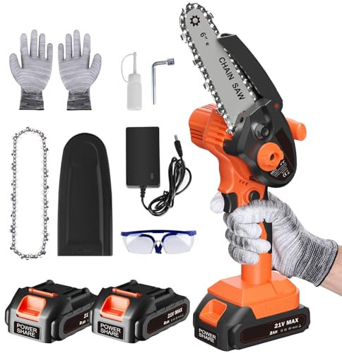 Mini Motosega a Batteria, Motosega Elettrica Aggiornata da 6 Pollici con Batteria 2pcs 21v 2000mah, 2 Catene, Piccola Motosega A Mano per Il Taglio di Rami di Alberi e Legno